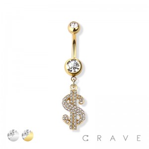 GEM PAVED DOLLAR SIGN DANGLE 316L SURGICAL STEEL NAVEL RING