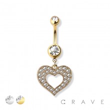 316L SURGICAL STEEL HEART CZ PAVED DANGLE NAVEL RING