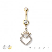 316L SURGICAL STEEL CROWN HEART CZ PAVED DANGLE NAVEL RING