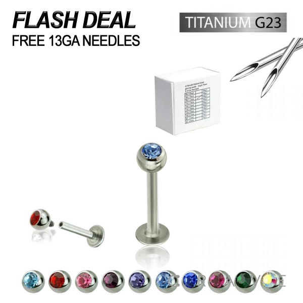 100PCS ASSORTED G23 TITANIUM INTERNALLY THREADED LABRET STUDS WITH GEM BALL AND FREE NEEDLE