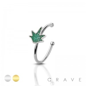 GLITTER MARIJUANA POT LEAF SHAPE 316L SURGICAL STEEL NOSE HOOP RING