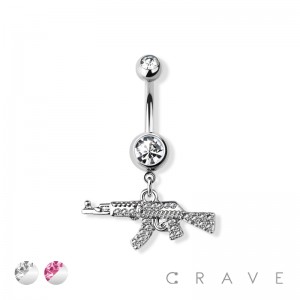 GEM PAVED MACHINE GUN BELLY NAVAL 316L SURGICAL STEEL NAVEL BELLY RING
