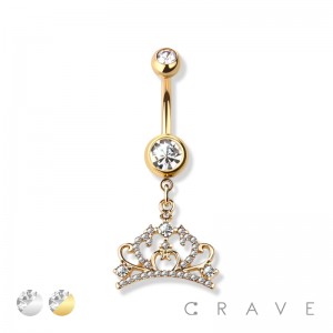 GEM PAVED CROWN CHARM 316L SURGICAL STEEL NAVEL BELLY RING