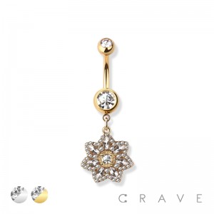 OVAL CZ CENTER SUNBURST FLOWER 316L SURGICAL STEEL NAVEL BELLY RING