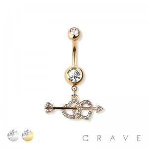 DOUBLE HEART ARROW CROSSED CHARM 316L SURGICAL STEEL NAVEL BELLY RING