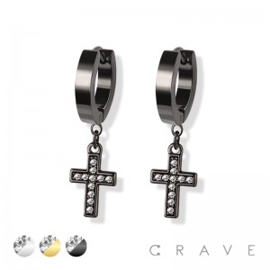 PAIR OF 316L STAINLESS STEEL HUGGIE/HOOP EARRINGS WITH ALLOY CZ PAVED CROSS
