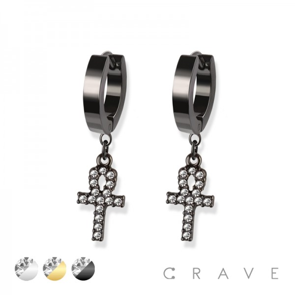PAIR OF 316L STAINLESS STEEL HUGGIE/HOOP EARRINGS WITH ALLOY CZ PAVED ANKH EGYPTIAN CROSS