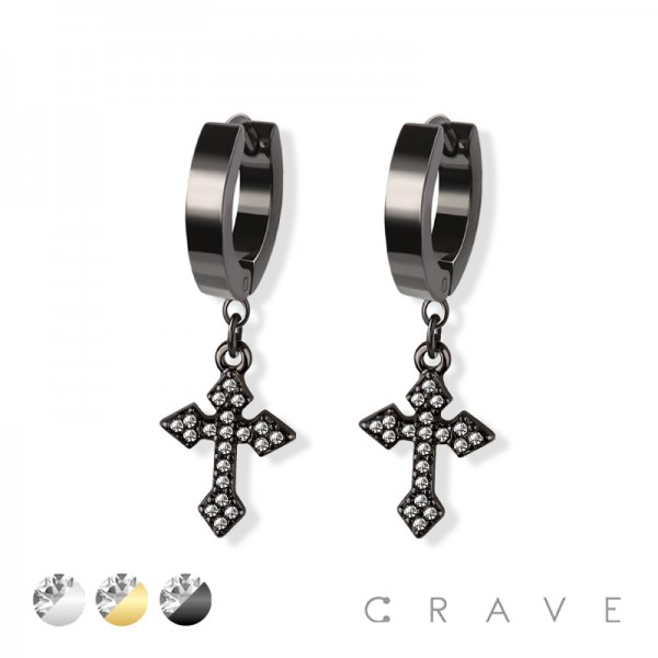 PAIR OF 316L STAINLESS STEEL HUGGIE/HOOP EARRINGS WITH ALLOY CZ PAVED GOTHIC CROSS