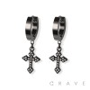 PAIR OF 316L STAINLESS STEEL HUGGIE/HOOP EARRINGS WITH ALLOY CZ PAVED GOTHIC CROSS