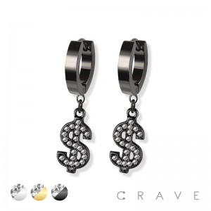 PAIR OF 316L STAINLESS STEEL HUGGIE/HOOP EARRINGS WITH ALLOY CZ PAVED MONEY SIGN