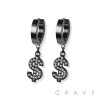 PAIR OF 316L STAINLESS STEEL HUGGIE/HOOP EARRINGS WITH ALLOY CZ PAVED MONEY SIGN