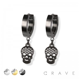 PAIR OF STAINLESS STEEL HUGGIE/HOOP EARRINGS WITH ALLOY CZ PAVED SKULL DANGLE