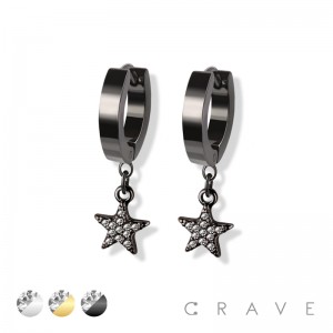 PAIR OF STAINLESS STEEL HUGGIE/HOOP EARRINGS WITH ALLOY CZ PAVED STAR DANGLE