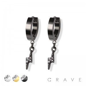 PAIR OF STAINLESS STEEL HUGGIE/HOOP EARRINGS WITH ALLOY CZ PAVED LIGHTNING BOLT