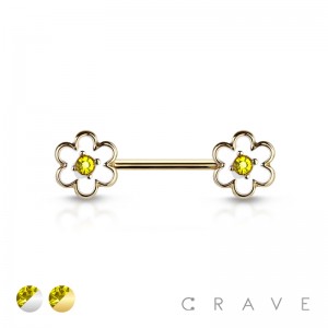 GEM PAVED CENTER DAISY 316L SURGICAL STEEL NIPPLE BAR