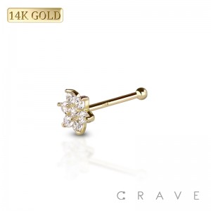 14Kt Gold NOSE "BONE" STUD WITH FLOWER PRONG SET