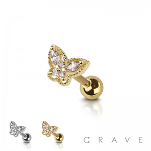 CZ BUTTERFLY 316L SURGICAL STEEL BAR CARTILAGE