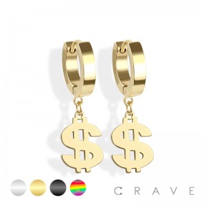 PAIR OF 316L STAINLESS STEEL HUGGIE/HOOP EARRINGS WITH DOLLAR LOGO PENDANT