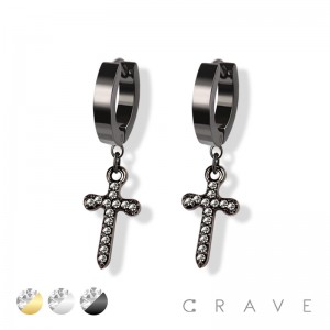 PAIR OF 316L STAINLESS STEEL HUGGIE/HOOP EARRINGS WITH ALLOY CZ PAVED DAGGER