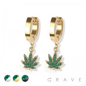 PAIR OF 316L STAINLESS STEEL HUGGIE/HOOP EARRINGS WITH GEM PAVED MARIJUANA PENDANT