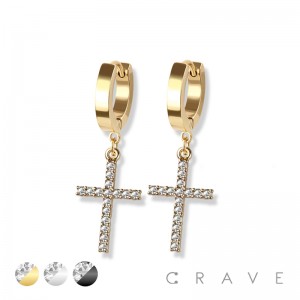 PAIR OF 316L STAINLESS STEEL HUGGIE/HOOP EARRINGS WITH CZ PAVED CROSS CHARM