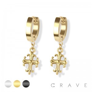 PAIR OF 316L STAINLESS STEEL HUGGIE/HOOP EARRINGS WITH GOTHIC CROSS CHARM