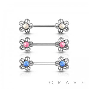 GLITTER BLUE OPAL FLOWER DESIGN 316L SURGICAL STEEL NIPPLE BAR