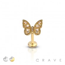 DELICATE BUTTERFLY WITH CZ SET INTERNALLY THREADED 316L SURGICAL STEEL MONROE LABRET 