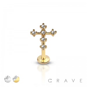 CZ GEM CROSS INTERNALLY THREADED 316L SURGICAL STEEL MONROE LABRET 