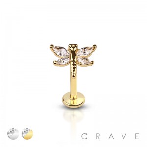 CZ PRONG DRAGONFLY (ALLOY) INTERNALLY THREADED 316L SURGICAL STEEL LABRET/MONROE WITH PRONG SET CZ 