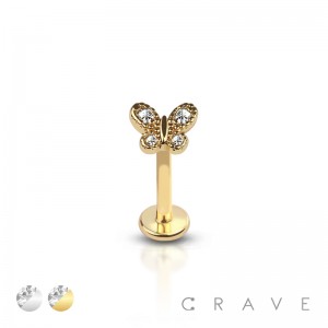 CZ GEM PAVED BUTTERFLY (ALLOY) INTERNALLY THREADED 316L SURGICAL STEEL LABRET/MONROE WITH PRONG SET 