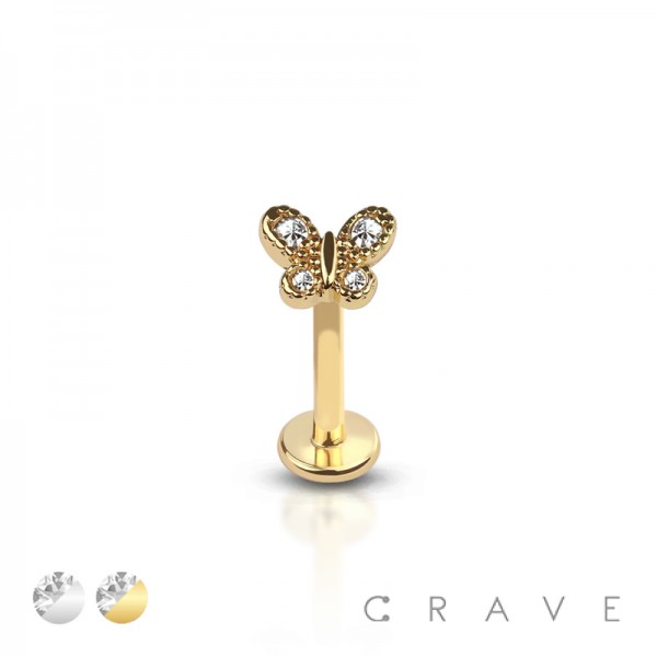 CZ GEM PAVED BUTTERFLY (ALLOY) INTERNALLY THREADED 316L SURGICAL STEEL LABRET/MONROE WITH PRONG SET 