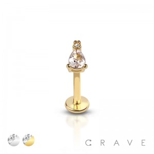 CZ TEAR DROP DECOR (ALLOY) INTERNALLY THREADED 316L SURGICAL STEEL LABRET/MONROE WITH PRONG SET CZ S