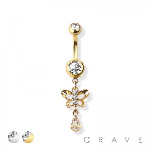 TEARDROP HANGING BUTTERFLY 316L SURGICAL STEEL NAVEL RING