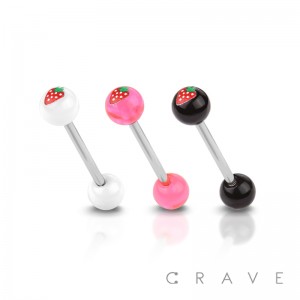 STRAWBERRY FRUIT PRINT ACRYLIC BALL 316L SURGICAL STEEL TONGUE BARBELL