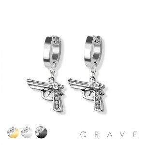 PAIR OF 316L STAINLESS STEEL HUGGIE/HOOP EARRINGS WITH CZ PAVED GUN CHARM