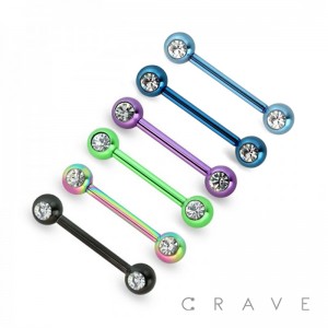 DOUBLE CZ TITANIUM IP OVER 316L SURGICAL STEEL NIPPLE BAR