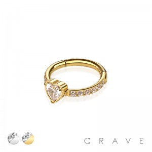 316L SURGICAL STEEL CZ HEART PRONG SET SEGMENT HINGED RING FOR SEPTUM, HELIX, TRAGUS, CAPTIVE