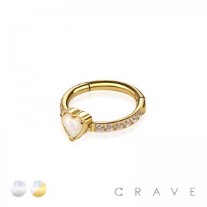 316L SURGICAL STEEL HEART OPAL CZ PRONG SET SEGMENT HINGED RING FOR SEPTUM, HELIX, TRAGUS, CAPTIVE