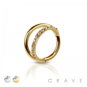 316L STAINLESS STEEL ONE LINE CZ PRONG SET HINGED SEGMENT RING FOR SEPTUM, HELIX, TRAGUS, CAPTIVE