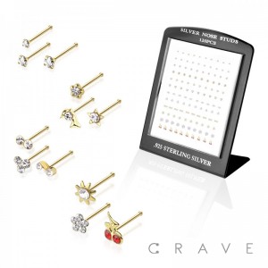 120PCS OF ASSORTED DESIGN 925 STERLING SILVER NOSE BONE STUD L-STAND