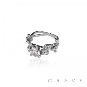 ROUND CZ CENTER VINE DECOR TOP BRASS ALLOY ENGAGEMENT RING