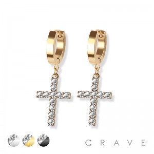 PAIR OF 316L STAINLESS STEEL HUGGIE/HOOP EARRINGS WITH CZ PAVED CROSS CHARM