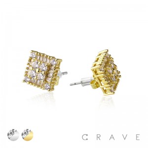 PAIR OF GEM HIP HOP MICROPAVED SQUARE STUD STAINLESS STEEL PIN EARRING