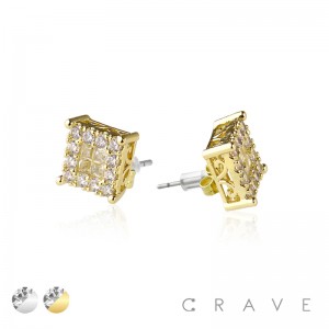 PAIR OF GEM HIP HOP MICROPAVED SQUARE STUD STAINLESS STEEL PIN EARRING