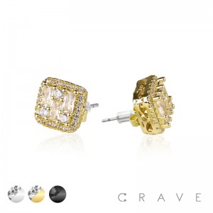 PAIR OF GEM HIP HOP MICROPAVED ROUND EDGE SQUARE STUD STAINLESS STEEL PIN EARRING