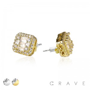 PAIR OF GEM HIP HOP MICROPAVED SQUARE STUD STAINLESS STEEL PIN EARRING