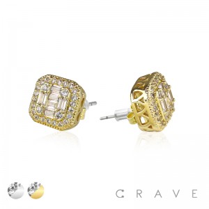 PAIR OF GEM HIP HOP MICROPAVED ROUND EDGE SQUARE STUD STAINLESS STEEL PIN EARRING