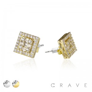 PAIR OF GEM HIP HOP MICROPAVED SQUARE STUD STAINLESS STEEL PIN EARRING