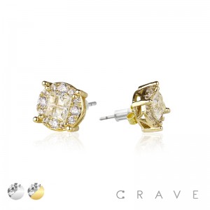 PAIR OF GEM HIP HOP MICROPAVED ROUND CROWN EDGE STAINLESS STEEL PIN EARRING